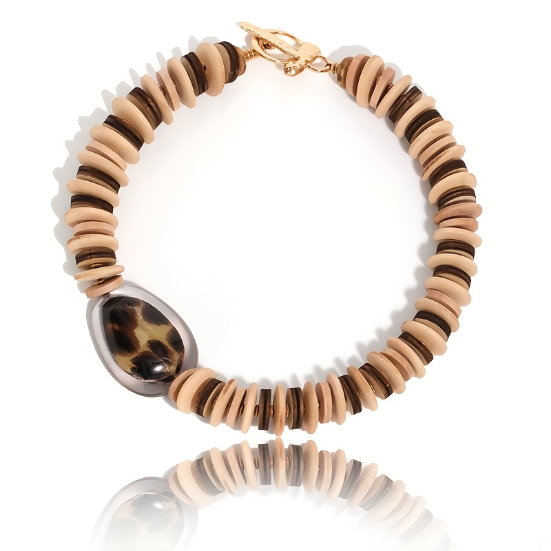 Brown Retro Wooden Beaded Necklace with Leopard Print Decoration